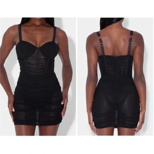 LEAU Black Sheer Stretch Bodice Corset Miami Mesh Mini Dress SIZE XS